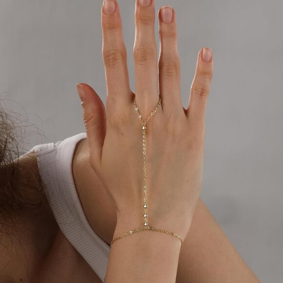 14K Gold Plated GD-round Clover Link Chain Ring Bracelet Hand Chain for Women - Picture 4 of 7